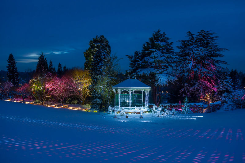 botanical gardens at dusk, with snow and special lighting for christmas event